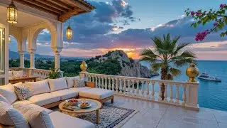 🎷 Dreamy Ocean Jazz Balcony | Palm Trees & Cozy Sofa Ambience for Peaceful Relaxation