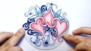 Zentangle with colors. 禅绕画，缠绕画. 心形粉蓝撞色。How to draw hearts?