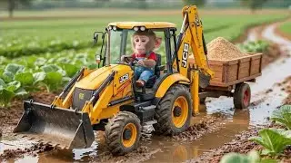 Monkey Nana the JCB Tractor Excavator and the Unexpected Road Repair After the Big Rain  MONKEY LIFE