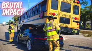 Jaguar F-Type Stuffed Under School Bus - Bad drivers & Driving fails #1492