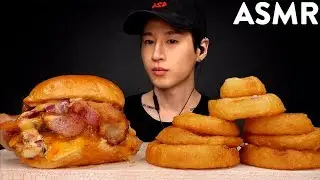 ASMR DOUBLE BACON BURGER & ONION RINGS MUKBANG (No Talking) UNBOXING & EATING SOUNDS