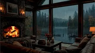 🌧️ rainy cabin interior ambience - cozy fireplace sounds for relaxation | 8 Hours