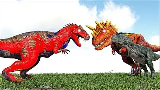 ALPHA INFERNAL T-REX & FULGUR CARNO VS HYBRID ALLODAEODON TRICHODOSAURA(ARK SURVIVAL EVOLVED BATTLE)