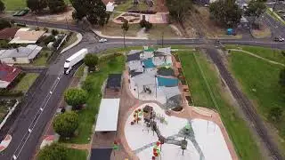 Aerial view of Donnybrook's award-winning Station Square, Apple Fun Park, and Pump Track