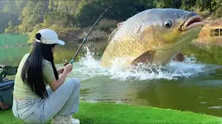 盘黑坑水库嚣张老板！钓费1000元还不给回鱼！美女连钓三条百斤大鲢鳙，赔的老板裤子都没了#钓鱼 #大魚