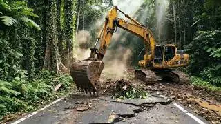 Deforestation Impact: Excavator Clearing Rainforest Road and Logs | Environmental Impact