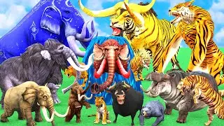 10 Giant Tiger Wolf vs 10 Mammoth Elephant Cow vs Dinosaur Fight Tiger Cub Saved by Woolly Mammoth