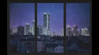 [Window View] Blue Night Skyline with Gentle Rainfall