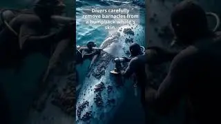 Divers carefully remove barnacles from a humpback whale's skin.