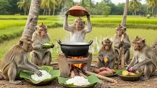 बंदरों ने मिलकर बनाई देसी Sweet Potato&ndash;Rice Dish | Jungle Cooking