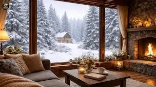 Snowy Cottage Ambience ❄️ Fireplace, Falling Snow & Soft Piano 1 Hour