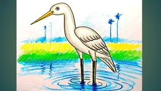 Crane bird scenery drawing easy step by step/#newlessonofdrawing /#youtubeshorts /#short