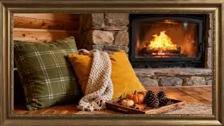Cozy Cabin Fireplace Ambience, Gold framed Vintage art screensaver. 4k TV Painting background.