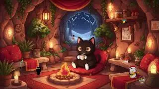 Black Cat in Cozy Cave Fireplace 🐈&zwj; Cozy Winter Lofi Beats for Relaxing ❄️✨ Find Peace in the Cold