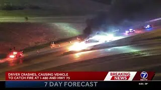 Fiery crash on I-480 leaves driver seriously injured