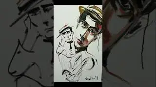 A man sitting. Portrait of Buster Keaton old movies silent film acrylic painting by karibou artist