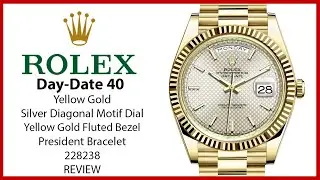 ▶ Rolex Day-Date 40 Yellow Gold Silver Diagonal Motif Index Dial & Fluted Bezel 228238 - REVIEW