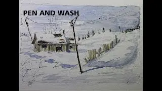 Pen and wash, Winter scene Easy pen and watercolor painting for beginner Nil Rocha