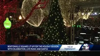 Bentonville Square lit up for the holiday season with celebration, live music, and Santa