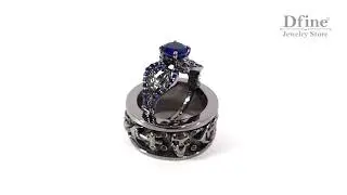 His and Her Skull Wedding Set Blue CZ Matching Skull Rings For Couple - Dfine Jewelry Store