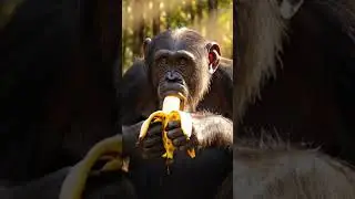 Chimpanzee is seating and eating banana. #animal #chimpanzee #banana #viral  #shorts #fyp #clip #eat