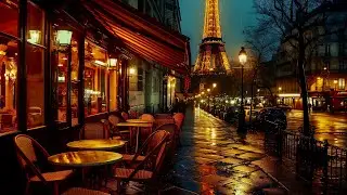 1920s Paris Coffee Shop Exterior with Eiffel Tower View | Heavy Rain Ambience | 4 Hour