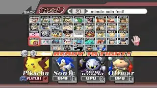 Pikachu VS Sonic VS Meta Knight VS Olimar | 3 Min Coin | Super Smash Bros Brawl Fight 142