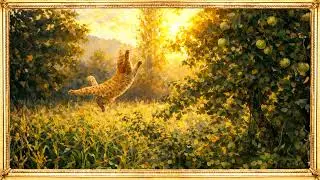 Orange cat Leaping through the golden light | TV Frame Art Screen Saver Oil Painting Impression