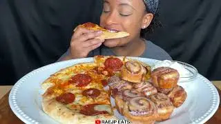 ASMR EATING 먹방 CHEESY STUFFED PEPPERONI PIZZA & CINNAMON ROLLS ASMR MUKBANG 먹방 REAL EATING SOUND