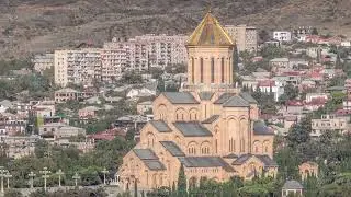 Tsminda Sameba Cathedral or Holy Trinity Cathedral of Tbilisi aerial timelapse. Georgia