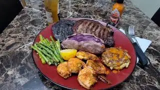 Surf and Turf, (Prime Rib steaks, shrimp, crab cakes, asparagus and potato) #tntspices #food #funny