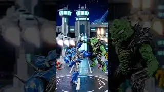 At a giant toy spaceport  mech pilot action figures fight alien raider toys among glowing ships read