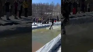 Cowboy Pond Skim! #westvirginia #cowboys #ponds #snowboarding #cow #shorts #winter #yeehaw #outfit