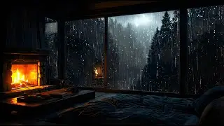 Rain Sounds Outside at Night | Warm Fireplace Ambience for Deep Sleep | 1 Hour