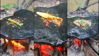 Outdoor Stone Cooking - Grilled Small Food on Hot Rock Eating So Delicious in Forest