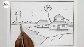 Pencil drawing| Easy Landscape scenery drawing| Village scenery drawing| House,tree,sun,bird,hill