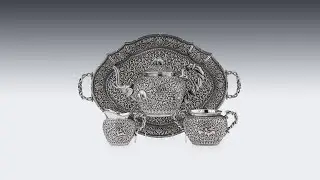 ANTIQUE 19thC INDIAN KUTCH SOLID SILVER TEA SET ON TRAY, OOMERSI MAWJI c 1890 | PUSHKIN ANTIQUES