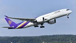 Thai Airbus A350 on a windy day at Zürich-Kloten (with live ATC)