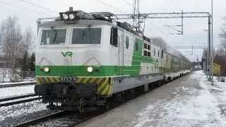 Finland: Muhos (north Finland), VR class Sr1 electric locomotives working InterCity passenger trains