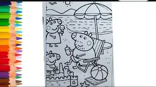 Peppa pig family enjoy the beach drawing, Peppa pig Colouring sheets, easy drawing 