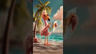 Cute pink flamingo in a 3D fairy-tale style scene, wearing orange sunglasses with glossy lenses, ...