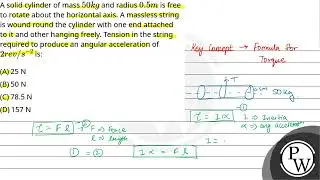 A solid cylinder of mass \(50 kg\) and radius \(0.5 m\) is free to rotate about the horizontal a....