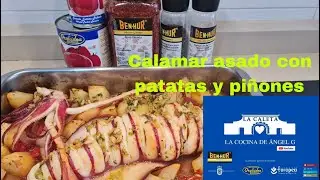 Calamar asado con patatas y piñones