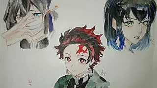 Colouring Demon slayer trio⚔️ obnai ,tanjiro and inosuke on request 