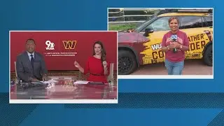 Allison Seymour officiates cornhole game between Commanders fans and Giants fans