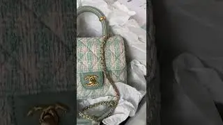 CHANEL MINI FLAP BAG with TOP HANDLE Tweed, Lambskin & Gold Metal in Light Blue & Ecru Colour