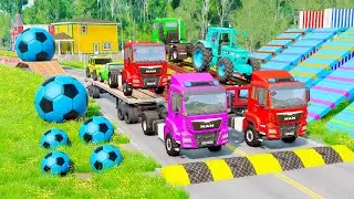 Double Flatbed Trailer Truck vs Speedbumps Train vs Cars | Tractor vs Train Beamng.Drive #083