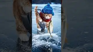 Cute Orange Tabby Ice Fishing (氷を割って魚をキャッチする子猫) #shorts  #cat #cute #fish