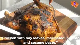 &ldquo;Chicken with bay leaves, marinated in pesto and sesame paste.&rdquo;