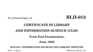 Blii 013 previous year question paper june 2023 | IGNOU CLIS PYQs BLII 013 june 2023 #clis #ignou